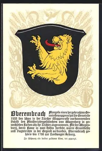 AK Oberembrach, Wappen auf Ähren-Ornamenten, Sicheln, Krug, Info-Text