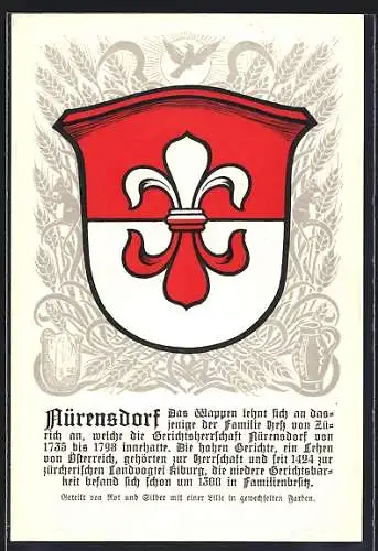 AK Nürensdorf, Wappen auf Ähren-Ornamenten, Vogel, Sicheln, Info-Text