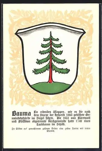 AK Bauma, Wappen auf Tannen-Ornamenten, Eichhörnchen, Info-Text
