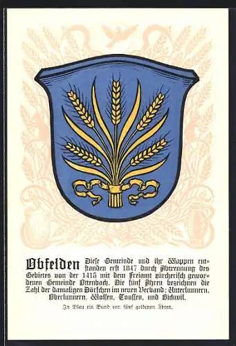 AK Obfelden, Wappen auf Ähren-Ornamenten, Vogel, Sicheln, Info-Text