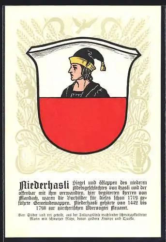 AK Niederhasli, Wappen auf Ähren-Ornamenten, Vogel, Sicheln, Info-Text