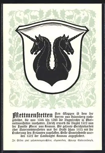 AK Mettmenstetten, Wappen auf Ilex-Ornamenten, Kinderfiguren, Info-Text