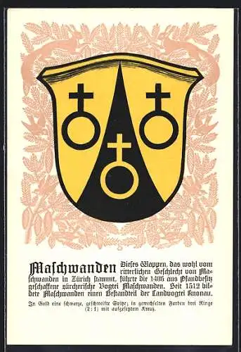 AK Maschwanden, Wappen auf Tannen-Ornamenten, Eichhörnchen, Info-Text