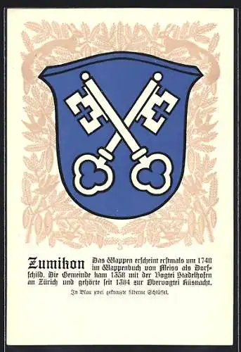 AK Zumikon, Wappen auf Tannen-Ornamenten, Eichhörnchen, Info-Text