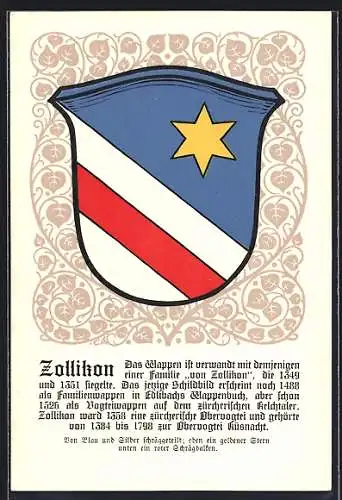 AK Zollikon, Wappen auf Blatt-Ornamenten, Info-Text