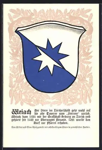AK Weiach, Wappen auf Tannen-Ornamenten, Eichhörnchen, Info-Text