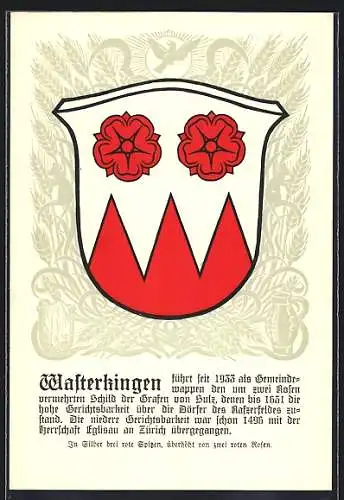 AK Wasterkingen, Wappen auf Ähren-Ornamenten, Vogel, Sicheln, Info-Text