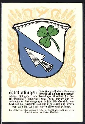 AK Waltalingen, Wappen auf Ähren-Ornamenten, Vogel, Sicheln, Info-Text