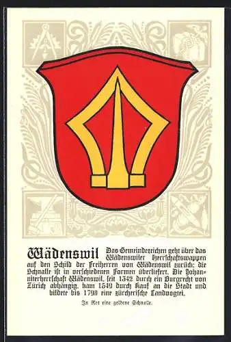 AK Wädenswil, Wappen auf Wasserpflanzen-Ornamenten, Webschiffchen, Info-Text