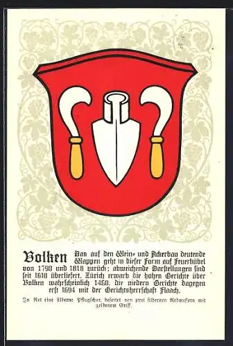 AK Volken, Wappen auf Weintrauben-Ornamenten, Info-Text