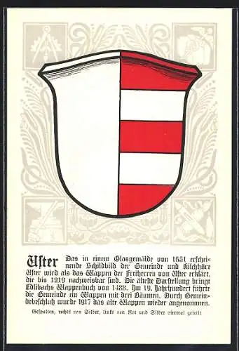 AK Uster, Wappen auf Wasserpflanzen-Ornamenten, Seerosen, Webschiffchen, Info-Text