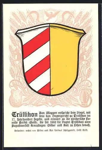 AK Trüllikon, Wappen auf Ähren-Ornamenten, Vogel, Sicheln, Info-Text