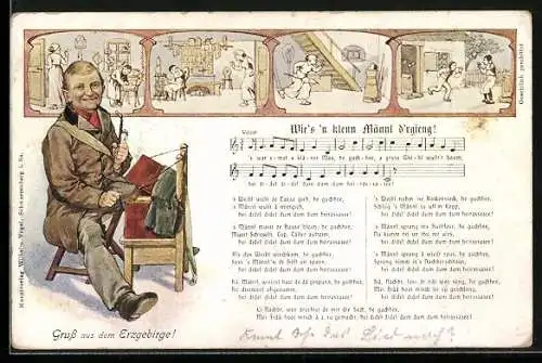 AK Lied wie's n klenn Männl d'rgieng, Mann mit Pfeife und kleinen Leierkasten