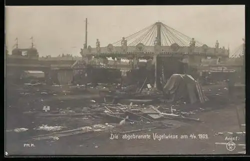 AK Dresdener Vogelwiese, abgebrannt am 2.8. 1909