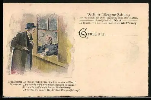 AK Reklame Berliner Morgen-Zeitung, Mann bestellt Zeitung beim Postbeamten
