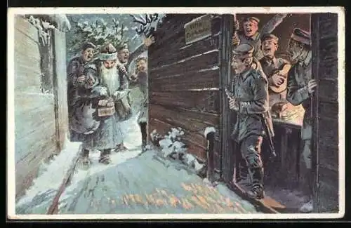 Künstler-AK Arthur Thiele: Der feldgraue Weihnachtsmann trifft im Schützengraben ein