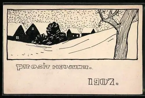 Künstler-AK Handgemalt: Ort im Schneetreiben, Prosit Neujahr 1907