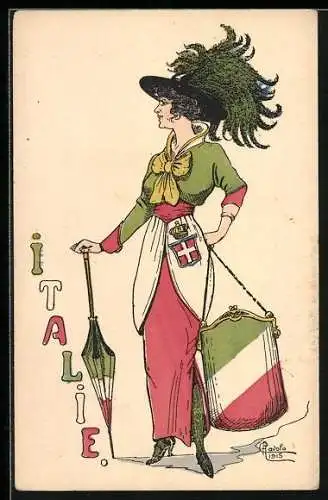 Künstler-AK Elegante Frau mit Hut in italienischen Farben, Italie
