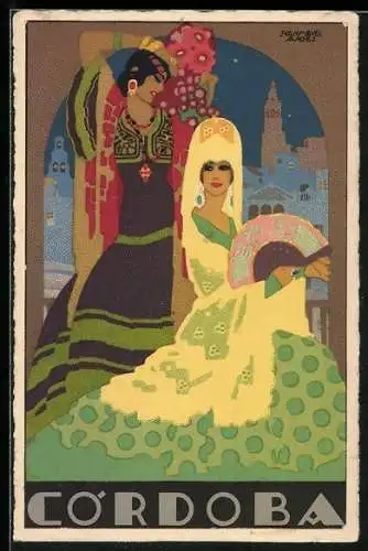 Künstler-AK sign. Juan Miguel Sanchez: Zwei Frauen in bunten Gewändern, Córdoba