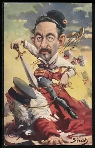 AK Karikatur Aristide Briand sitzt mit Schwert auf einem Mann