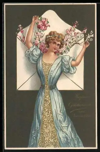 Künstler-AK Frau vor einem Briefumschlag mit Blumen im Jugendstil, Namenstag