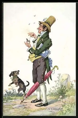 Künstler-AK Mann mit Schnupftabak und Hund