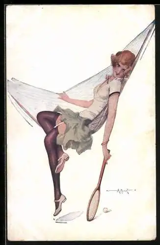 Künstler-AK sign. A. Penot: Frau mit Tennisschläger und Ball liegt in einem Netz
