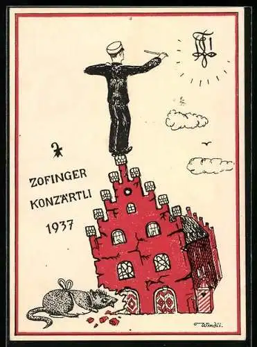Künstler-AK Zofingen, Student auf einem Haus das von einer Ratte angefressen wird, Zofinger Konzärtli 1937