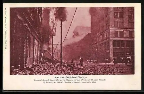 AK San Francisco, CA, Doomed Grand Opera House in Flames, Corner of 3rd and Mission Streets