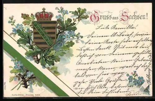 Präge-Lithographie Wappen und Landesfarben von Sachsen mit Eichenlaub