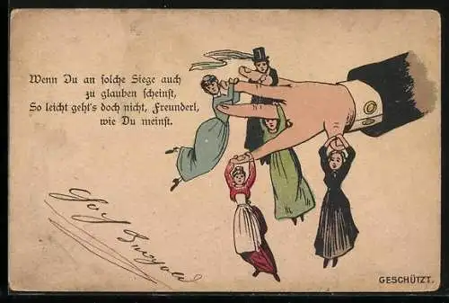 Künstler-AK Kleine Frauen hängen an den Fingern eines Mannes