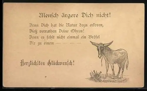 Lithographie Esel mit Diesteln, Gedicht Mensch ärgere Dich nicht