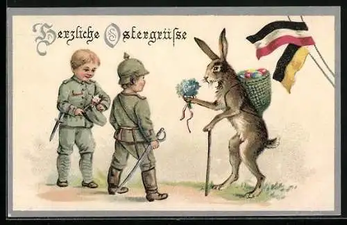 Künstler-AK Osterhase bringt kleinen Soldaten in Uniformen Blumen und Ostereier, Fahnen des Zweibunds, Ostern