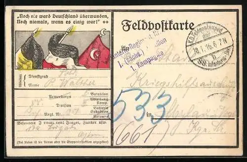 AK Zweibund, Flaggen Österreich, Reichsfahne und Türkei
