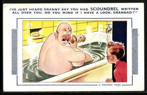Künstler-AK Arnold Taylor: Junge kommt ins Bad zu seinem Grossvater in der Badewanne, I`ve just heard Granny say...