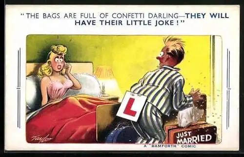 Künstler-AK Arnold Taylor: Frau sitzt im Bett, Mann mit Koffern, Just Married