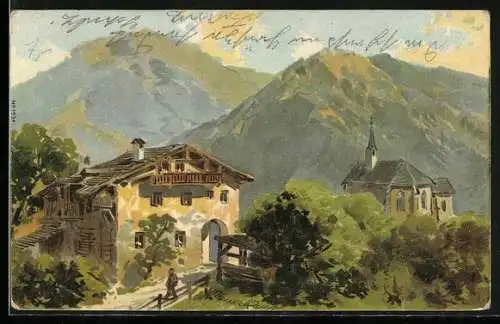 Künstler-AK Gottlob Theuerkauf: Haus und Kapelle in den Bergen