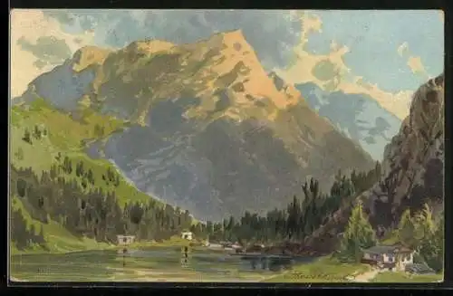 Künstler-AK sign. Theuer Kauf: Blick übers Wasser zum Berg, Häuser am Ufer