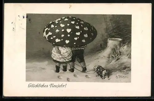 Künstler-AK Maxim Trübe: Zwei Kinder unter einem Schirm mit Schwein an der Leine, Glückliches Neujahr