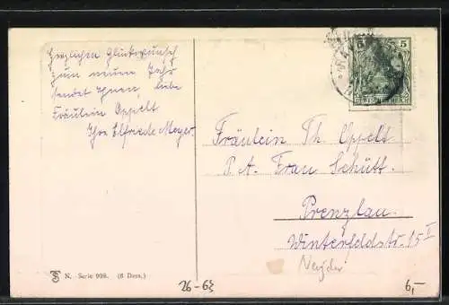 Künstler-AK Maxim Trübe: Zwei Kinder unter einem Schirm mit Schwein an der Leine, Glückliches Neujahr