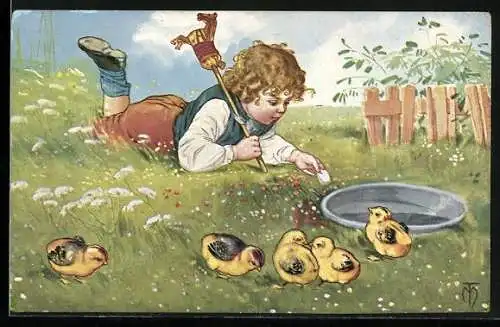 Künstler-AK Maxim Trübe: Junge spielt mit Küken auf der Wiese