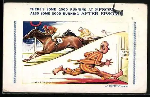 Künstler-AK Douglas Tempest: Pferderennen, Mann rennt zur Toilette, There`s some good running at Epsom...
