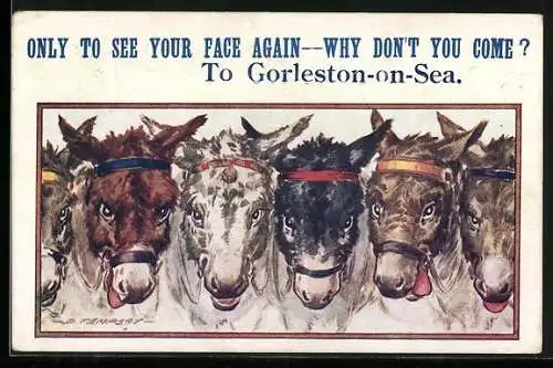 Künstler-AK Douglas Tempest: Gorleston-on-Sea, Esel in einer Reihe, Only to see your face again...