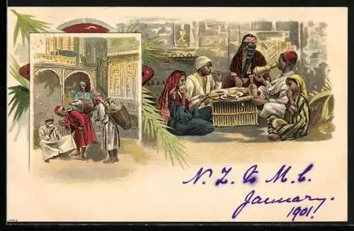 Lithographie Ägypten, Familie beim Essen, MMänner auf dem Markt