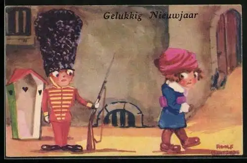 Künstler-AK sign. Adolf Gantzert: Wache in Uniform schaut einer Frau nach, Gelukkig Nieuwjaar