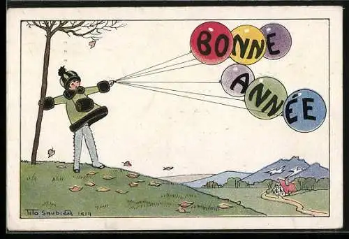 Künstler-AK sign. Tito Saubidet: Mädchen mit bunten Luftballons, Bonne Année