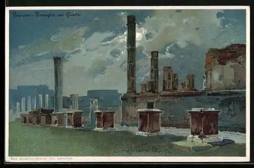 Lithographie Pompeji, Tempio di Giove, Ausgrabungstätte