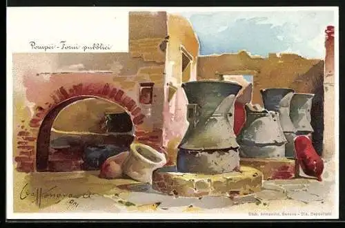 Künstler-Lithographie Pompei / Pompeii, Forni publicci, öffentliche Backöfen