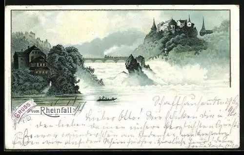 Lithographie Schaffhausen, Partie am Rheinfall, Eisenbahn