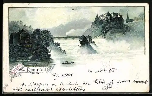 Lithographie Schaffhausen, Partie am Rheinfall, Eisenbahn